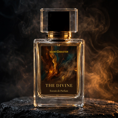 Cinematic luxury shot of The Divine perfume bottle