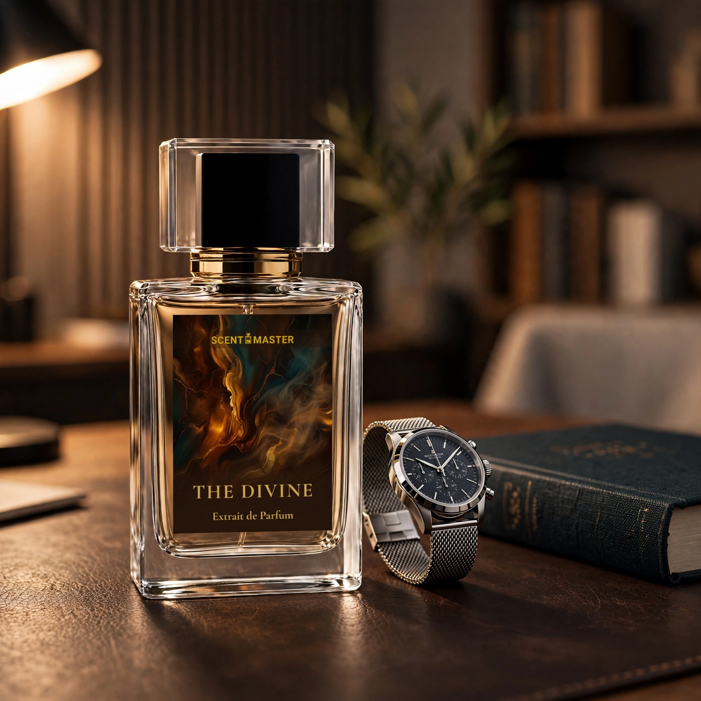 The Divine perfume styled in a warm luxury lifestyle setting