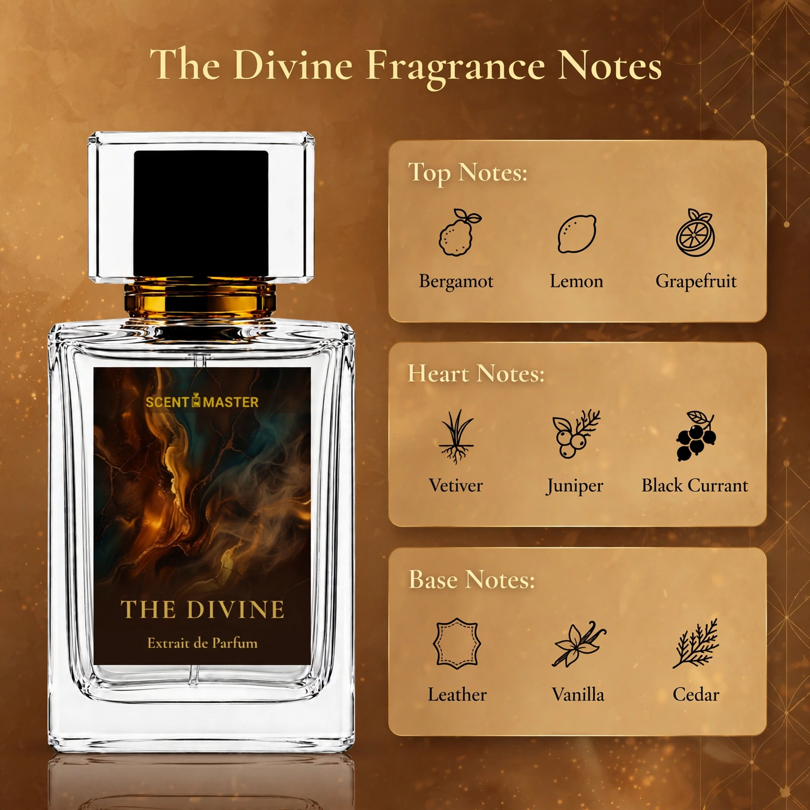 The Divine fragrance notes infographic showing top, middle, and base notes