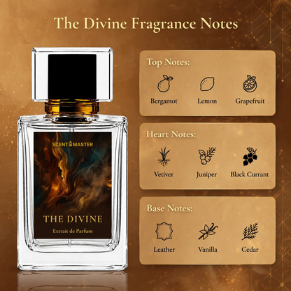 The Divine fragrance notes infographic showing top, middle, and base notes
