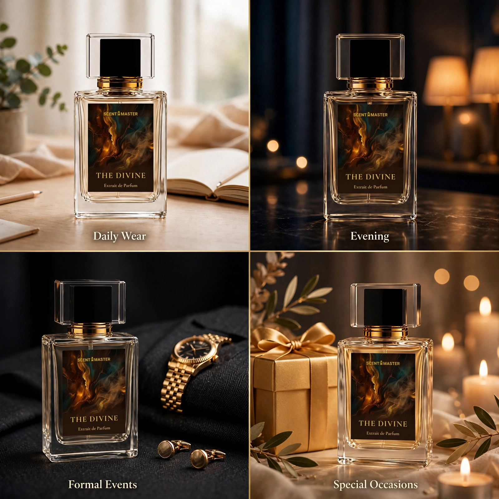 The Divine perfume shown across daily, evening, formal, and special occasion settings