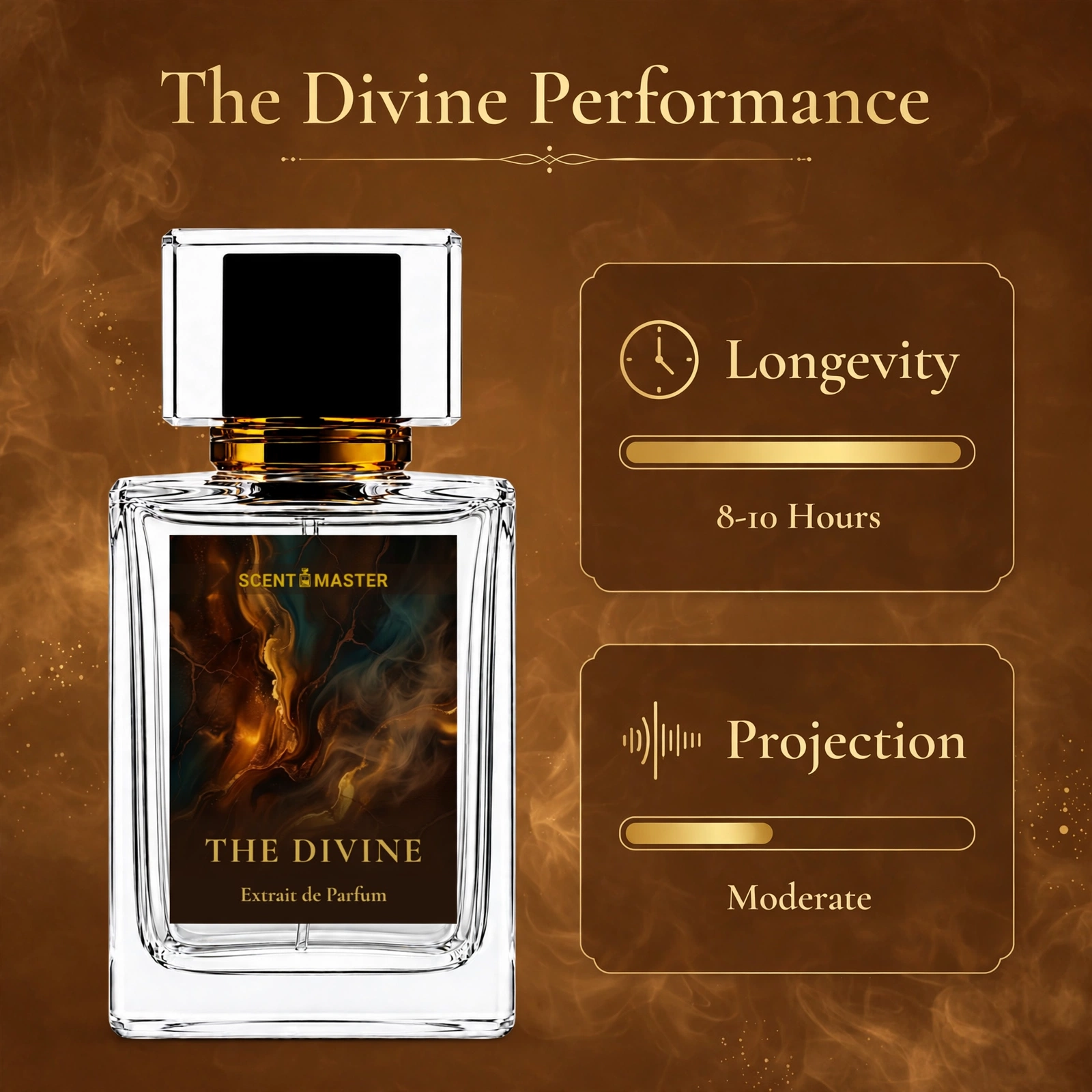 The Divine perfume performance infographic showing longevity and projection