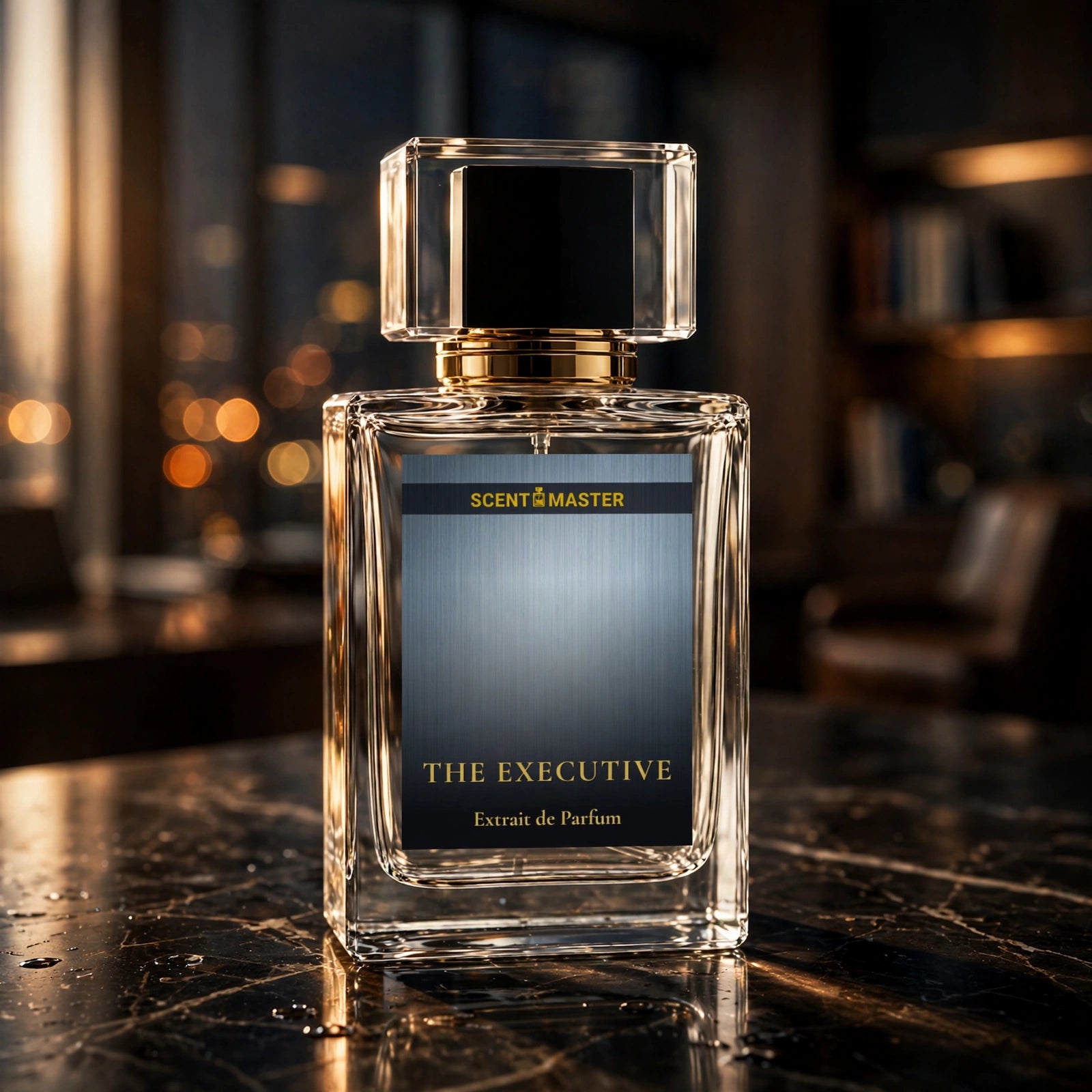 Cinematic shot of The Executive perfume bottle in moody office lighting