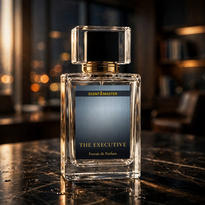 Cinematic shot of The Executive perfume bottle in moody office lighting