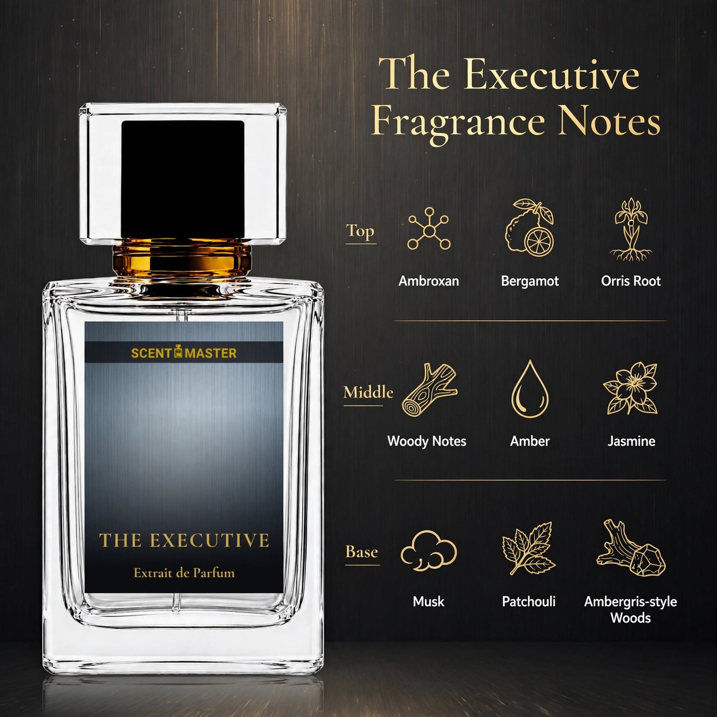 The Executive fragrance notes infographic showing top, middle, and base notes