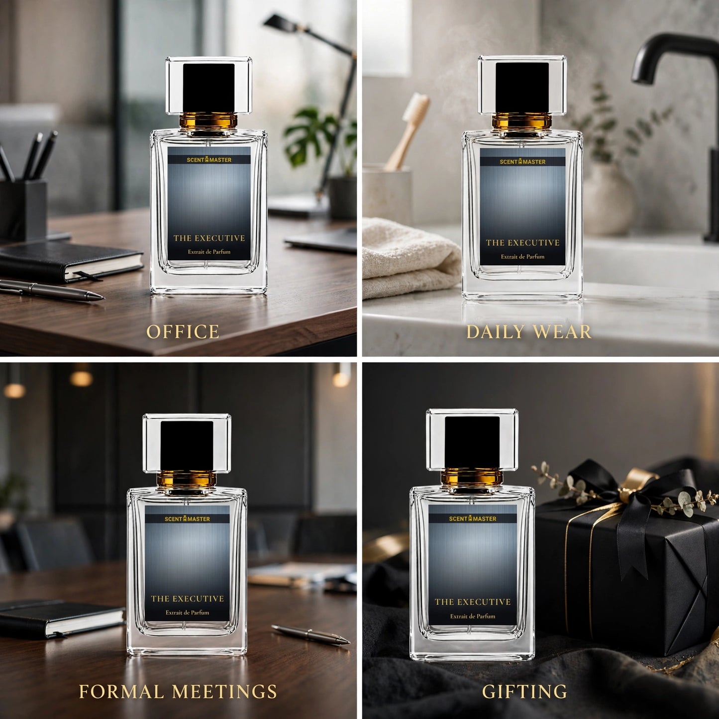 The Executive perfume occasion split layout showing office, daily, formal, and gifting scenes
