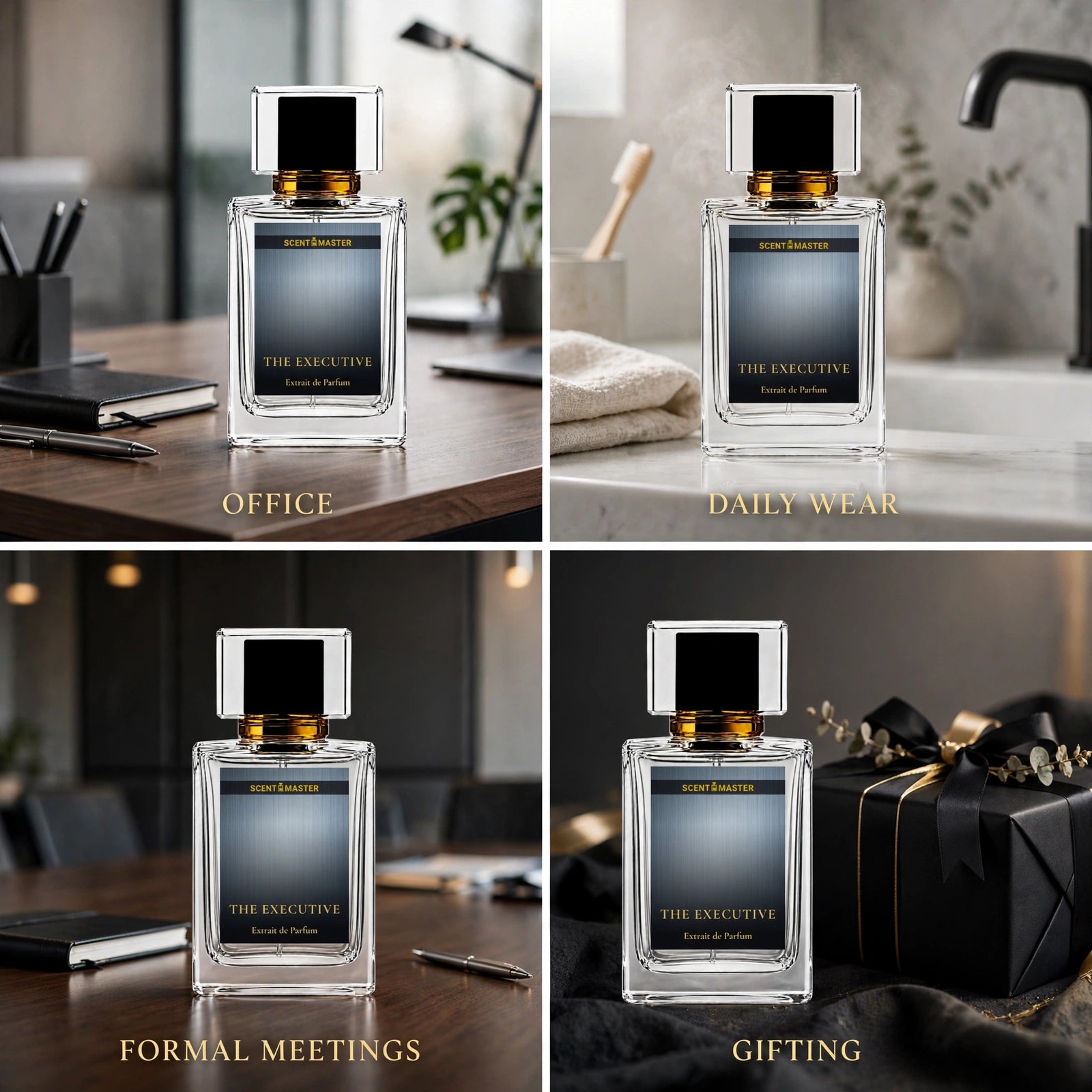 The Executive perfume occasion split layout showing office, daily, formal, and gifting scenes