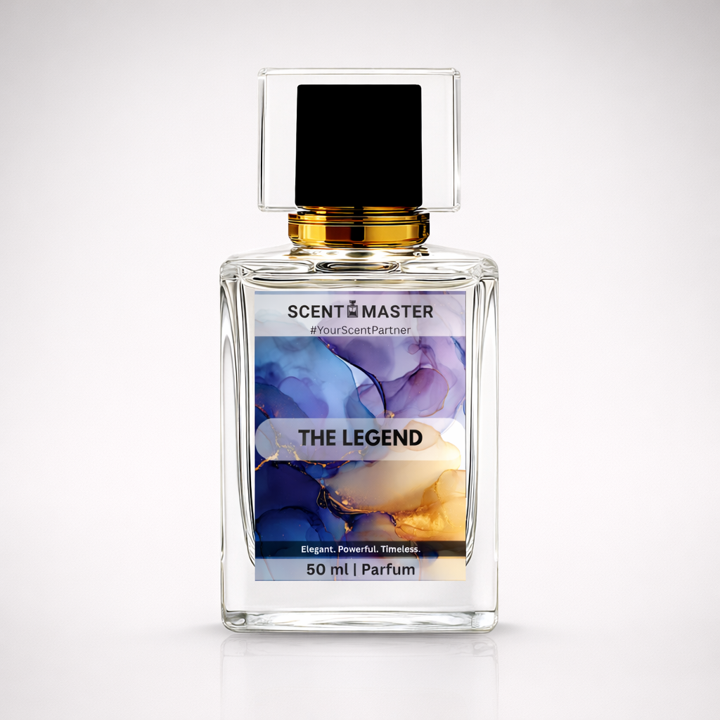 Perfume bottle labeled 'The Legend' by Scent Master on a white background