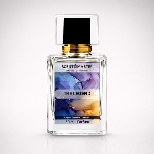 Perfume bottle labeled 'The Legend' by Scent Master on a white background