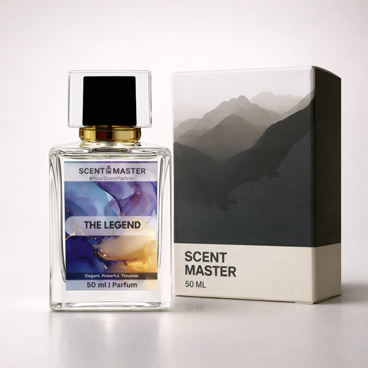Scent Master "The Legend" perfume bottle and packaging with mountain design on a white background