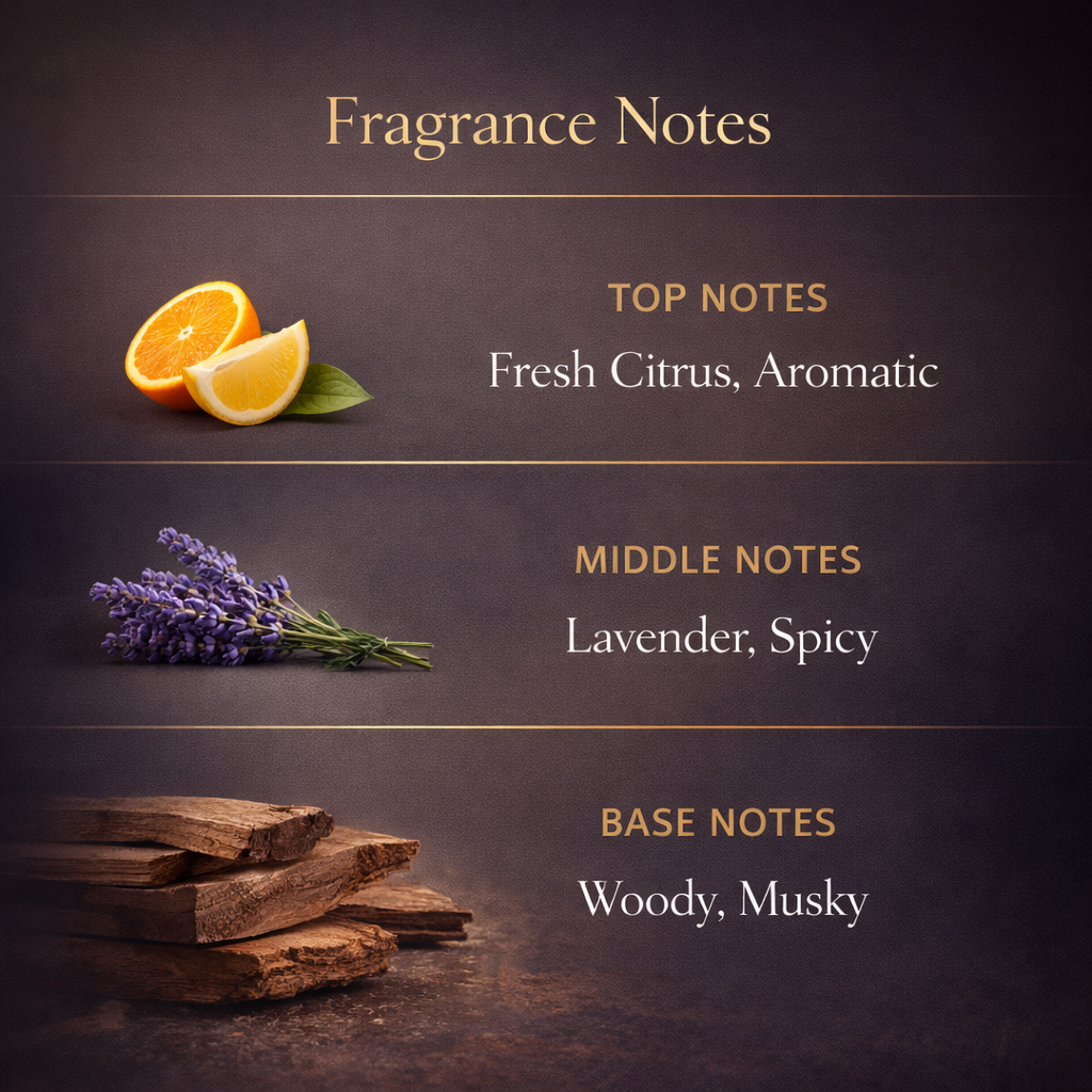 Fragrance notes with top, middle, and base notes labeled and illustrated with orange slices, lavender, and wooden elements.