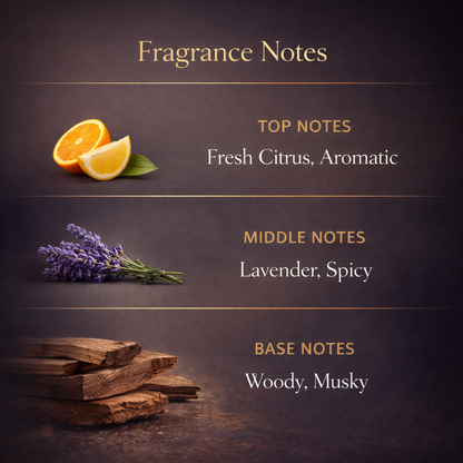 Fragrance notes with top, middle, and base notes labeled and illustrated with orange slices, lavender, and wooden elements.