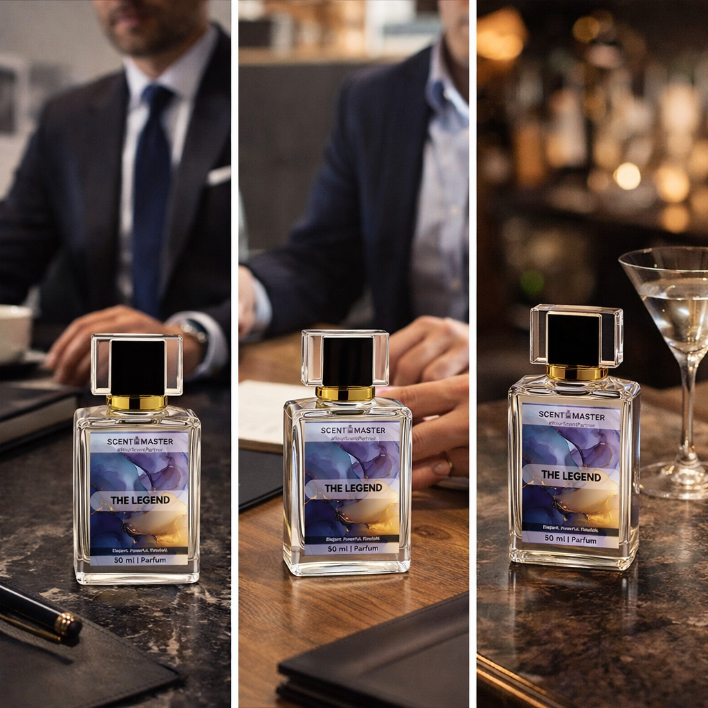 Three different angles of a perfume bottle labeled 'The Legend' on a table with a blurred background.