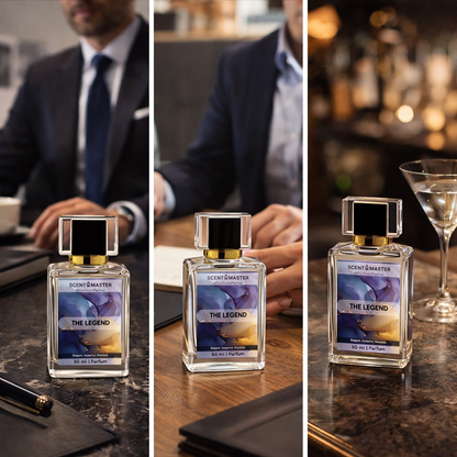 Three different angles of a perfume bottle labeled 'The Legend' on a table with a blurred background.