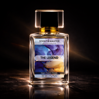 Perfume bottle labeled 'The Legend' by Scent Master on a dark background