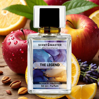Perfume bottle labeled 'Scent Master' with fruits and flowers on a wooden surface