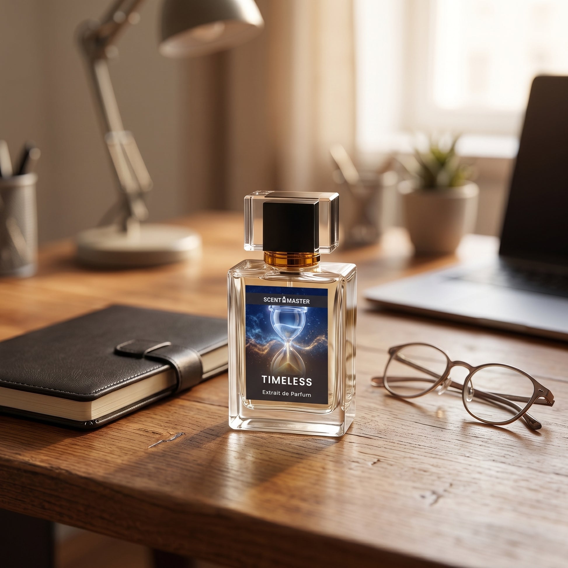 Timeless Fresh Citrus Mens Perfume styled on an office desk