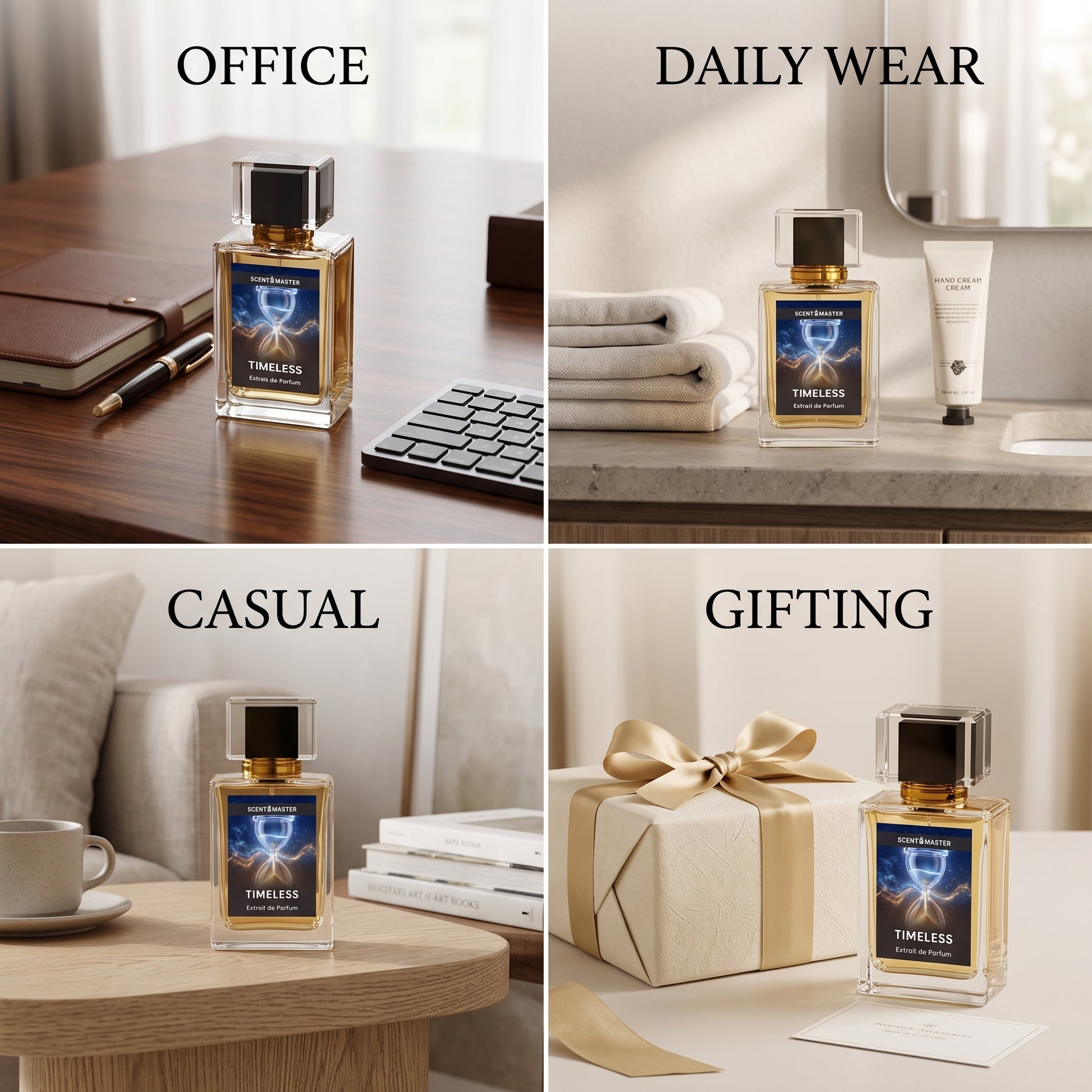 Timeless perfume shown across office, daily, casual and gifting occasions