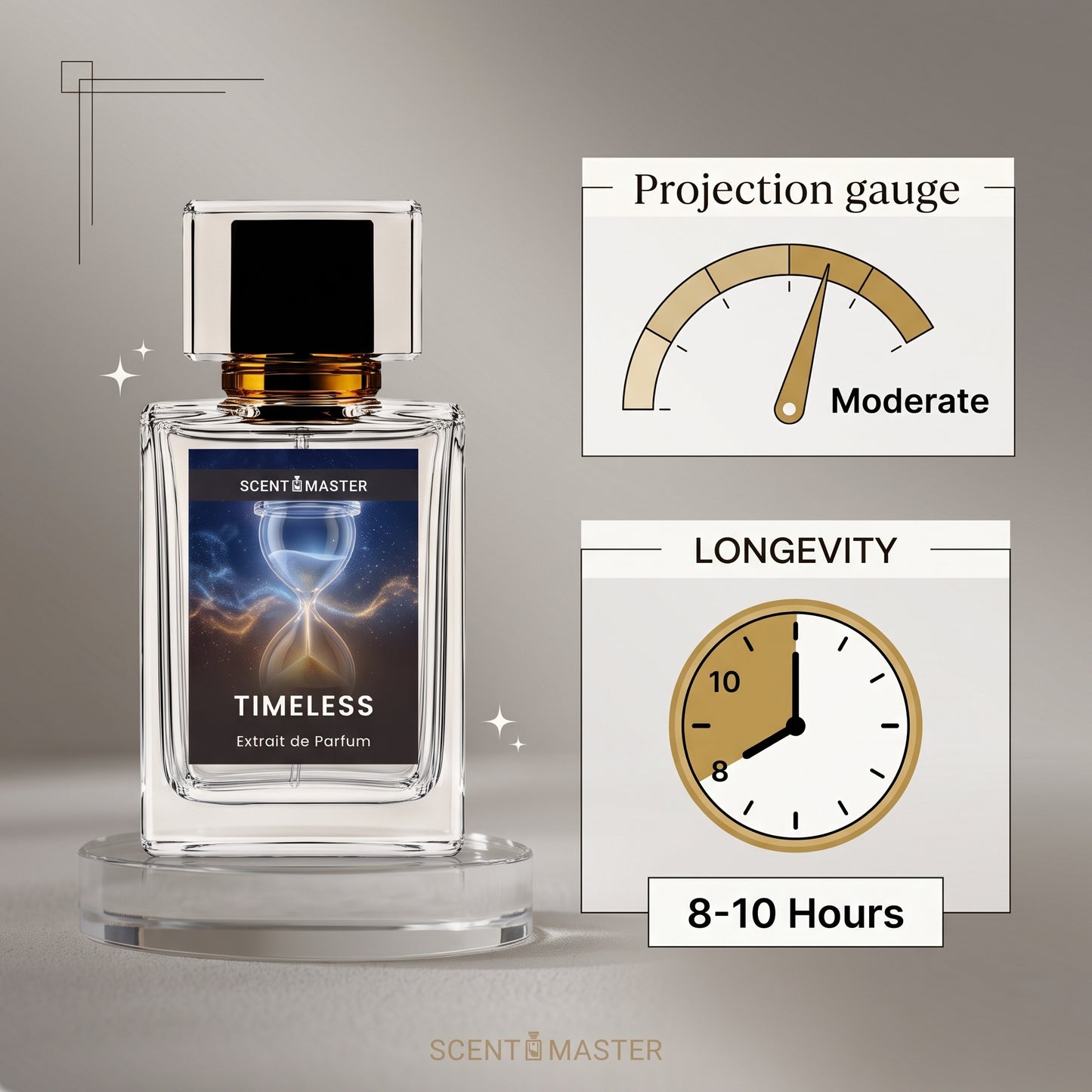 Timeless perfume projection and longevity performance infographic