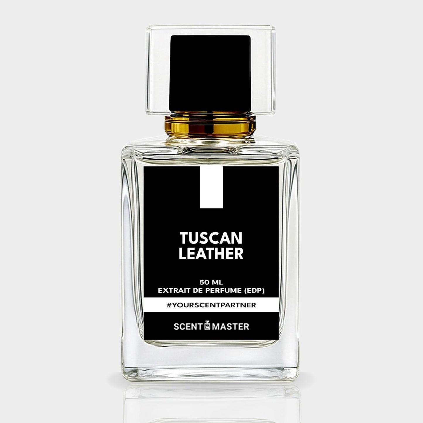 Perfume bottle labeled 'Tuscan Leather' by Scent Master on a white background