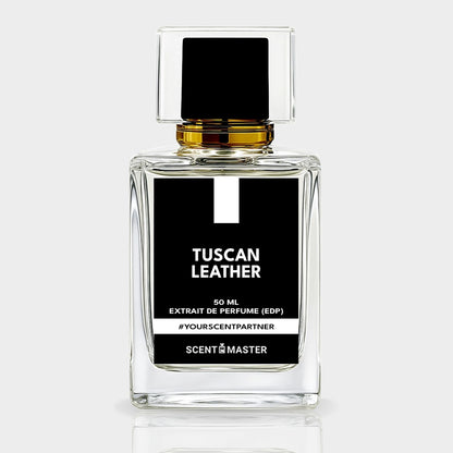 Perfume bottle labeled 'Tuscan Leather' by Scent Master on a white background