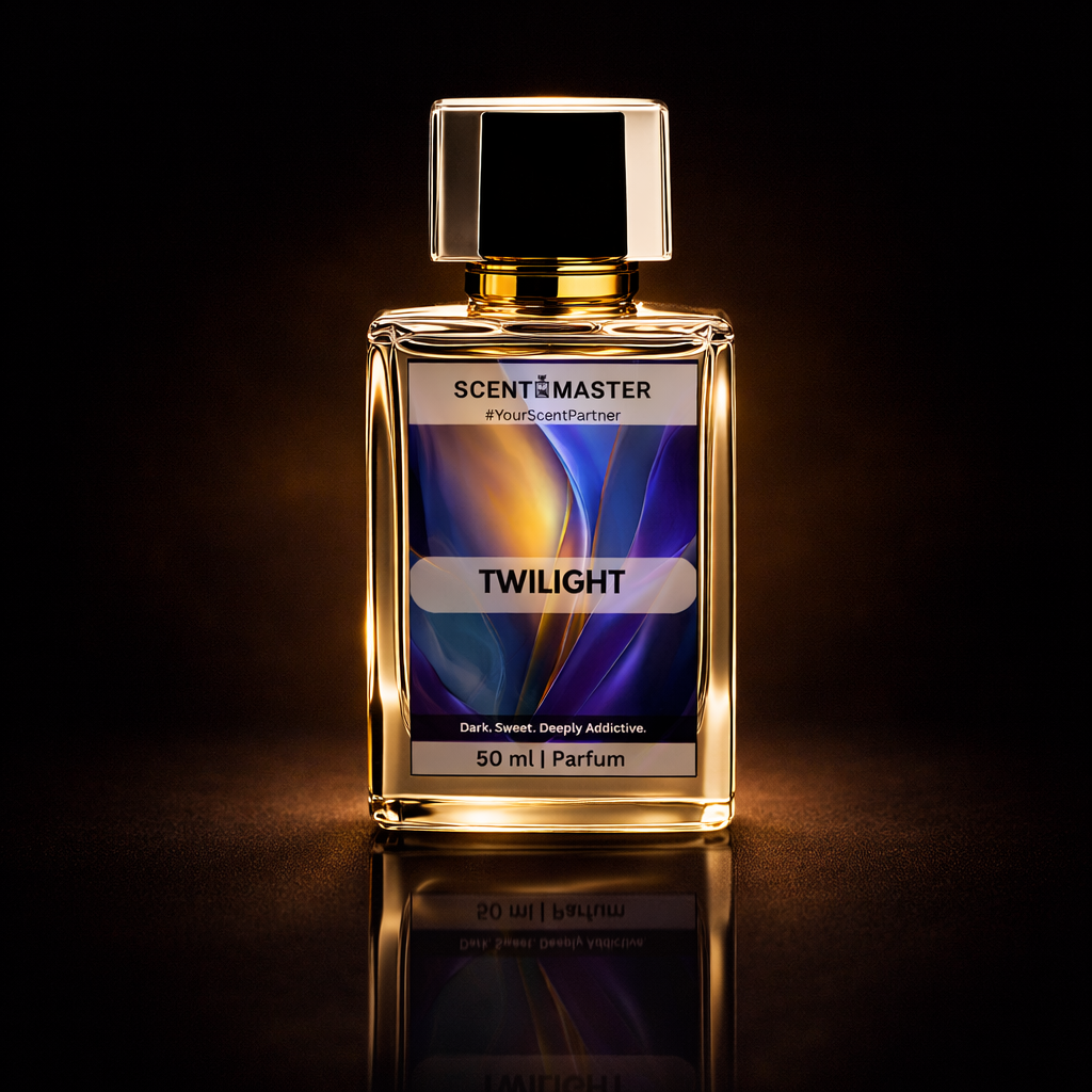 Perfume bottle labeled 'Twilight' by Scent Master on a dark background