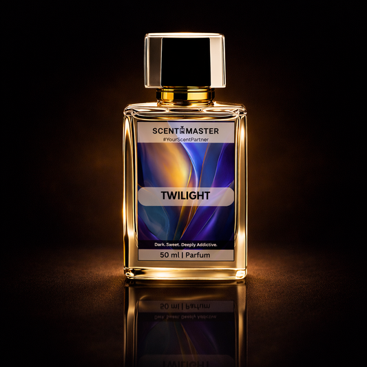 Perfume bottle labeled 'Twilight' by Scent Master on a dark background