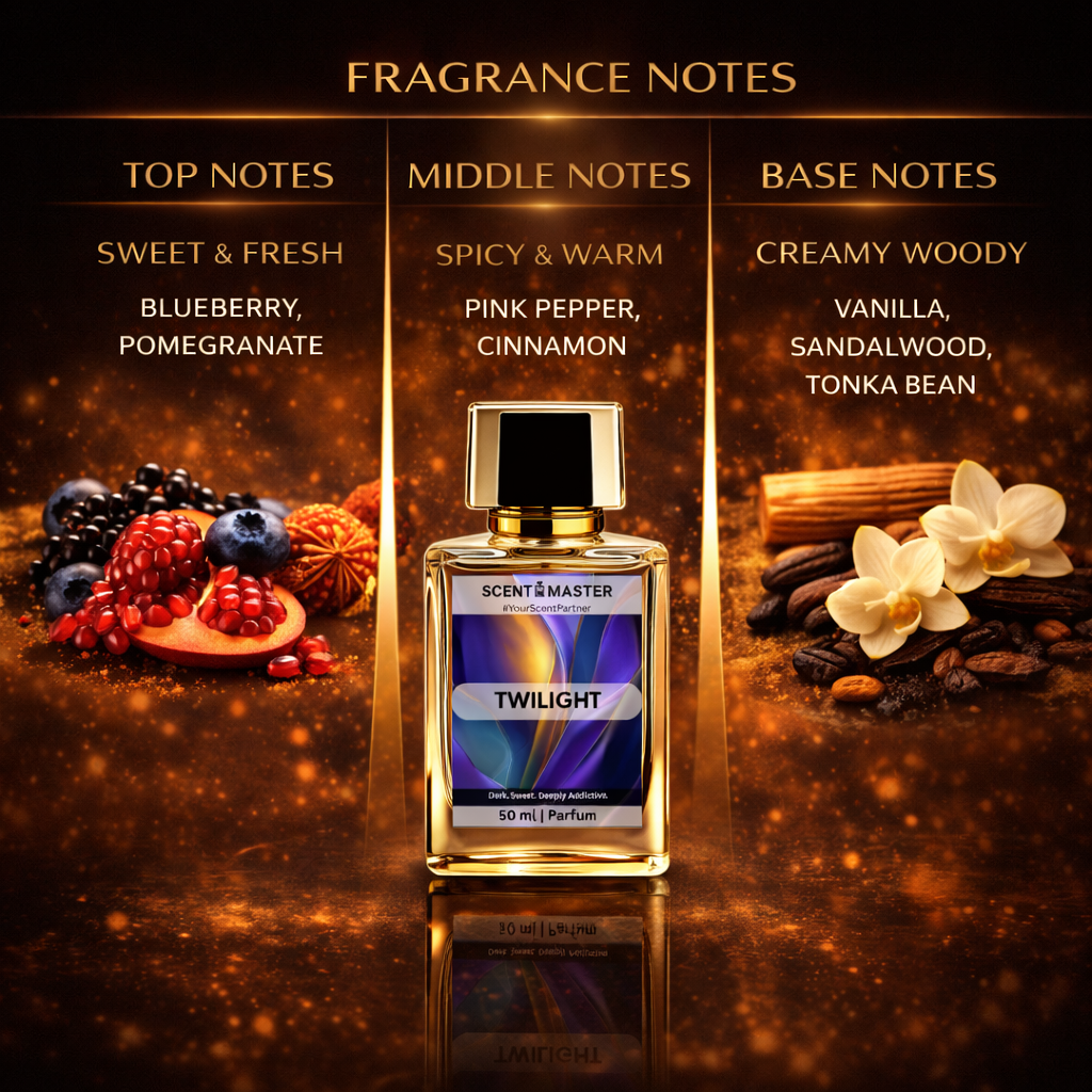 Perfume bottle Twilight with fragrance notes displayed on a dark background