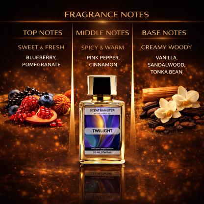 Perfume bottle Twilight with fragrance notes displayed on a dark background