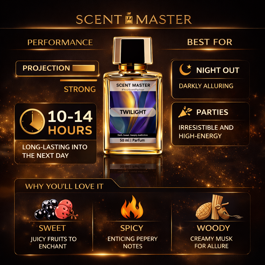 Scent Master Twilight perfume bottle with product features on a dark background