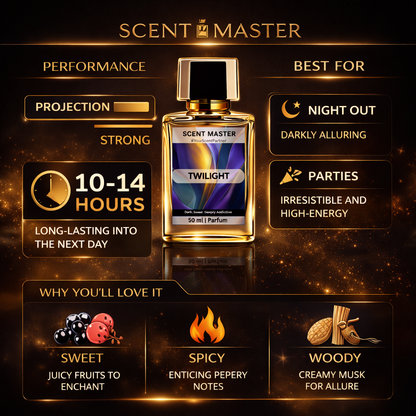 Scent Master Twilight perfume bottle with product features on a dark background