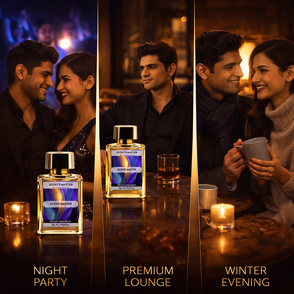 Collage of a couple in different settings with 'Scent Matter Twilight' perfume bottles labeled 'Night Party', 'Premium Lounge', and 'Winter Evening'.