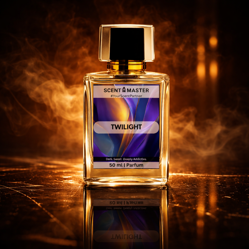 Perfume bottle labeled 'Twilight' by Scent Master on a reflective surface with warm lighting.