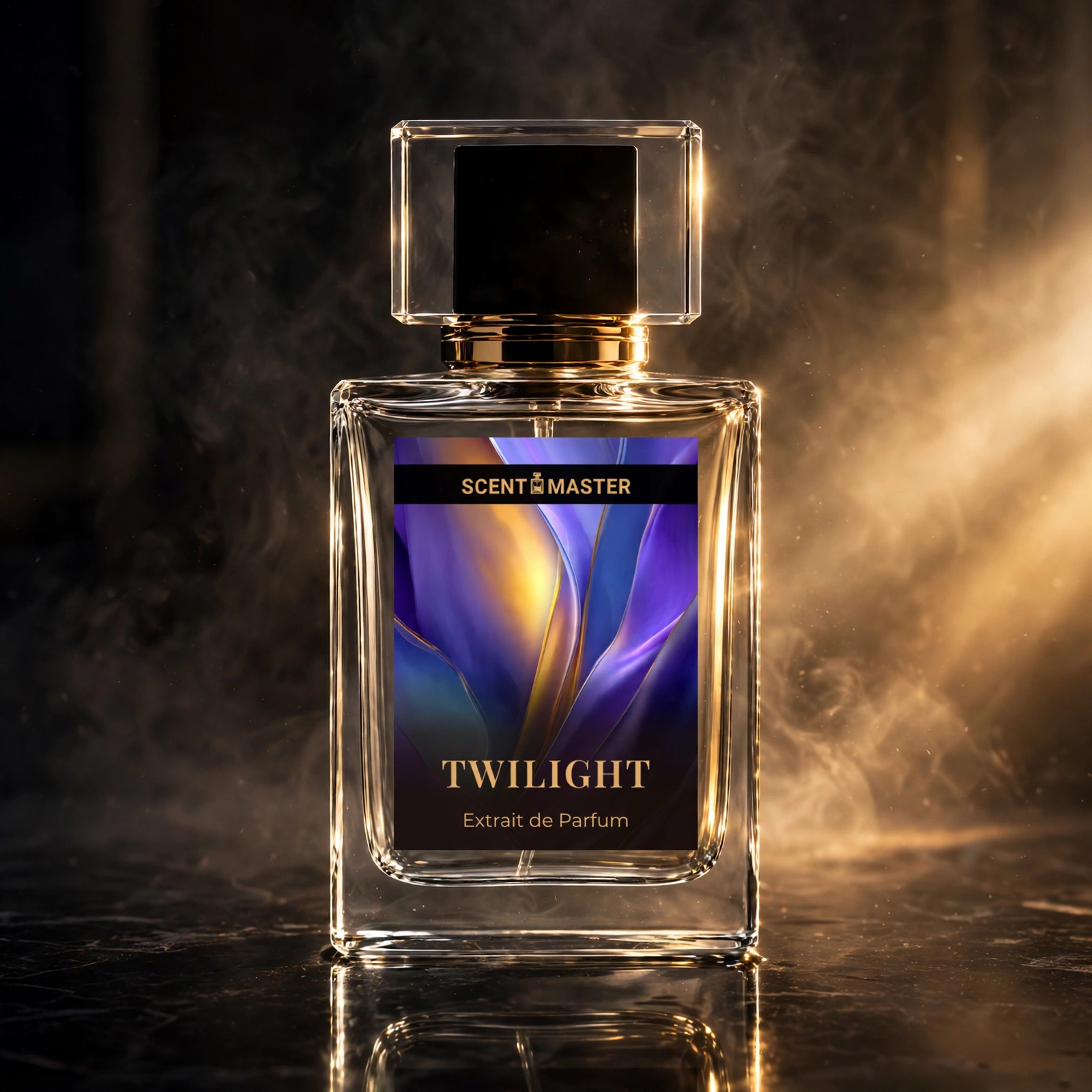 Twilight perfume bottle in a cinematic dramatic lighting shot by Scent Master