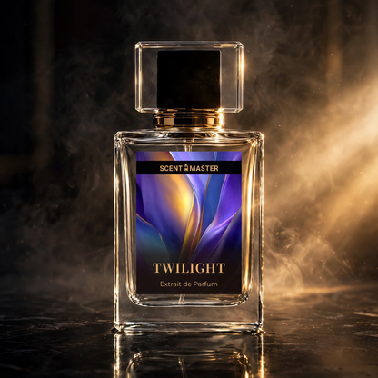 Twilight perfume bottle in a cinematic dramatic lighting shot by Scent Master