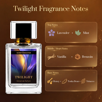 Twilight fragrance notes infographic showing lavender, vanilla, and tobacco by Scent Master