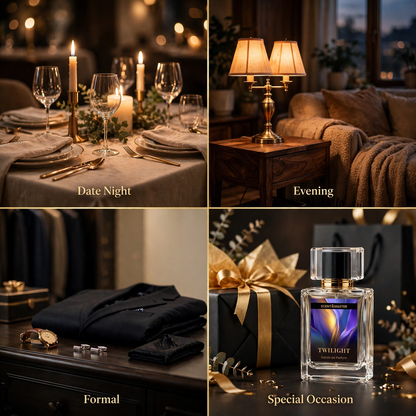 Twilight perfume occasion split layout showing date night, evening, formal, and special occasion by Scent Master