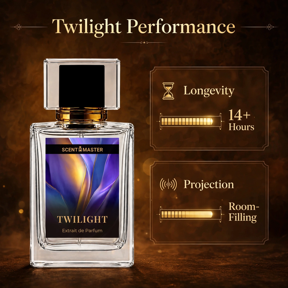 Twilight perfume performance infographic showing longevity and projection by Scent Master
