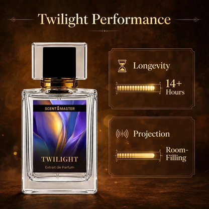 Twilight perfume performance infographic showing longevity and projection by Scent Master