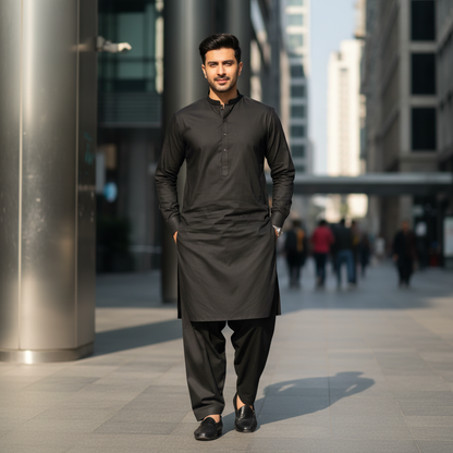 Man wearing PASHA black premium cotton shalwar kameez in modern urban setting