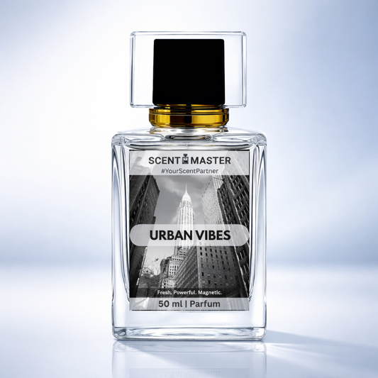 Perfume bottle labeled 'Urban Vibes' by Scent Master on a gradient background
