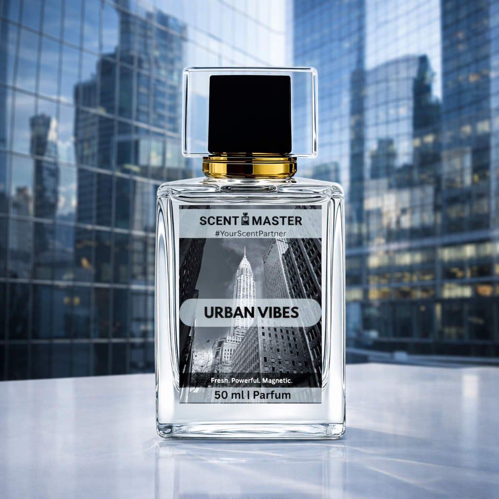 Perfume bottle labeled 'Urban Vibes' by Scent Master with cityscape background