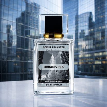 Perfume bottle labeled 'Urban Vibes' by Scent Master with cityscape background