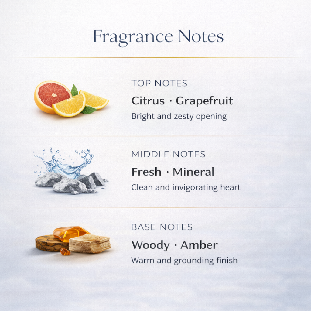 Fragrance notes description with citrus, grapefruit, fresh mineral, and woody amber elements on a light background.
