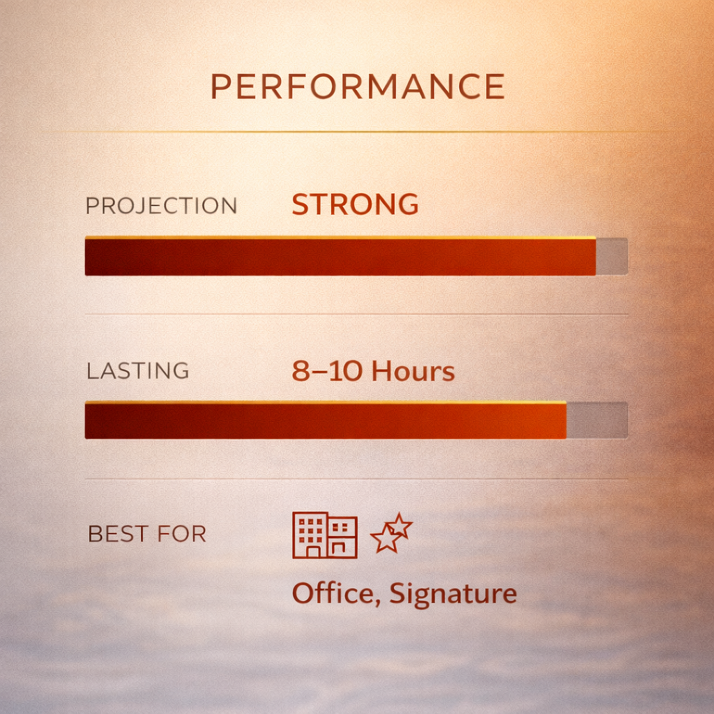 Performance rating system with 'Projection Strong' and 'Lasting 8-10 Hours' on a gradient background.