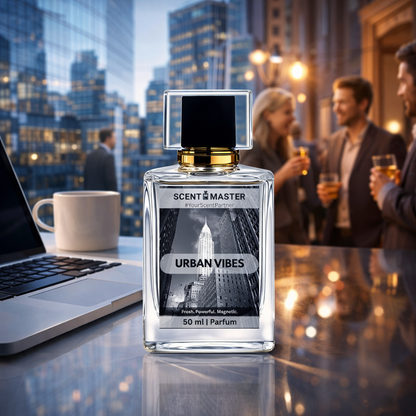 Perfume bottle labeled 'Urban Vibes' on a table with people and cityscape in the background