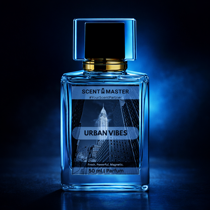Perfume bottle labeled 'Urban Vibes' by Scent Master on a dark background