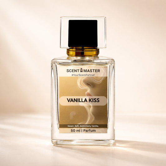 Perfume bottle labeled 'Vanilla Kiss' by Scent Master on a beige background