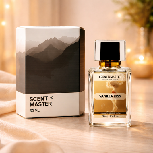 Scent Master Vanilla Kiss perfume bottle and packaging on a soft background