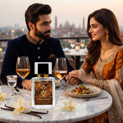 Vanilla Royale by Scent Master luxury sweet gourmand fragrance showcased in an elegant lifestyle setting designed for modern fragrance lovers in Pakistan.